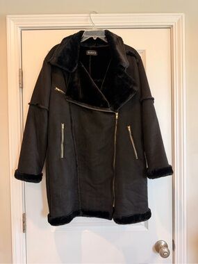 Black Faux-Shearling Asymmetric Zip Coat